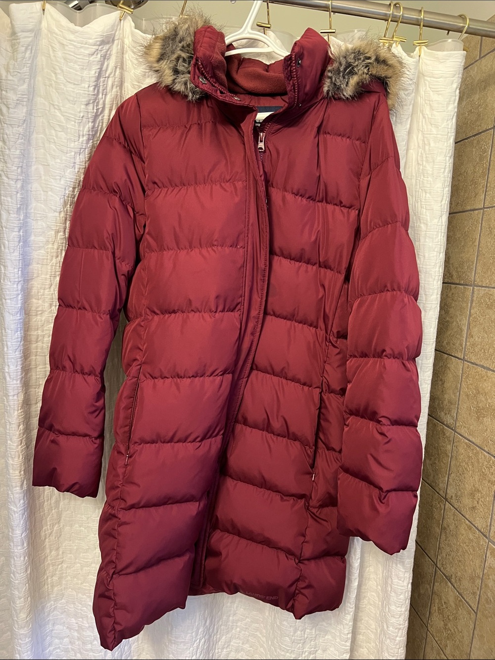 Women’s Down Long Winter Puffer Coat Faux Fur Trim Hood- Burgundy Maroon Tall